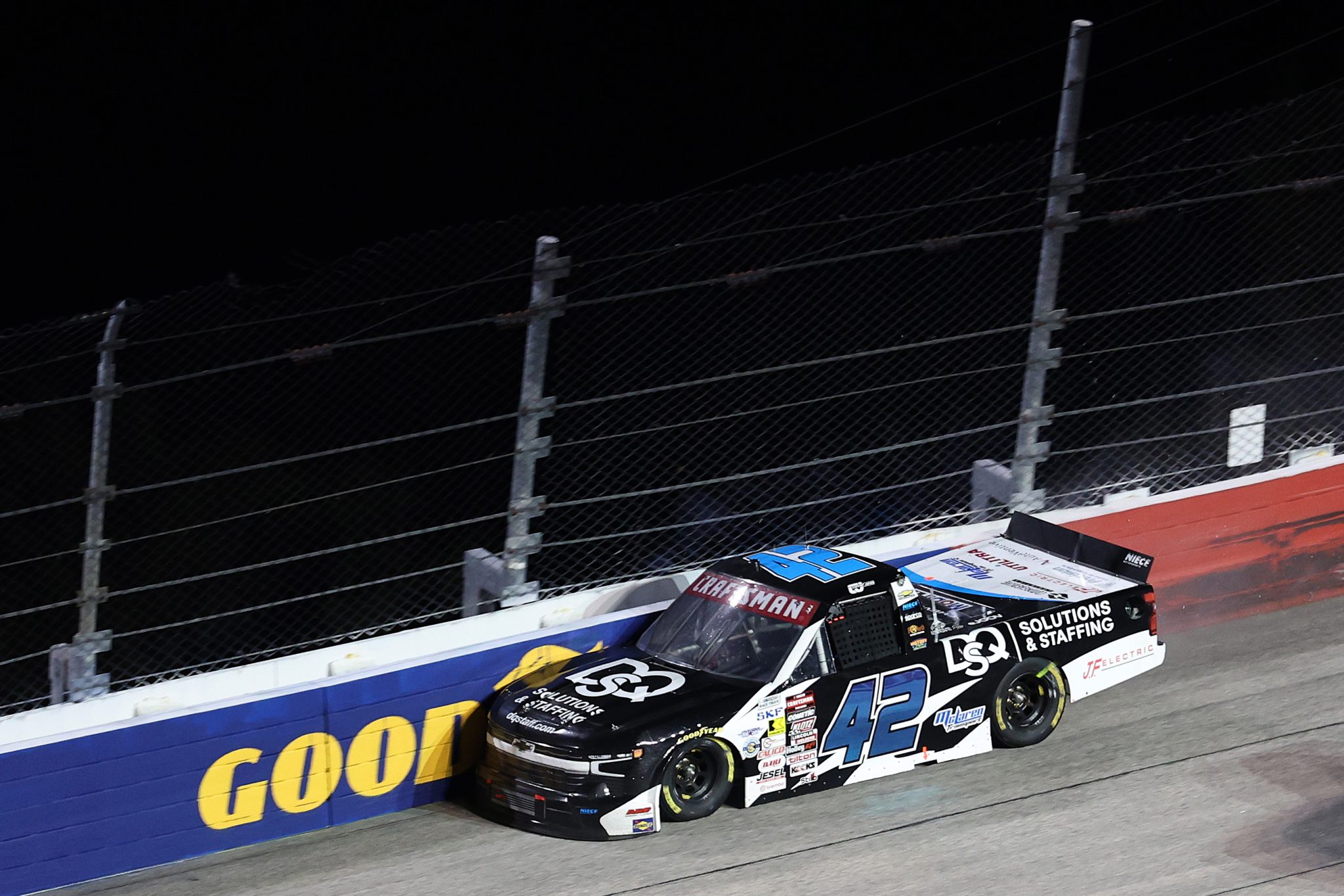 DARLINGTON, SOUTH CAROLINA - MARCH 20: Conner Jones, driver of the #42 DQS Solutions & Staffing Chevrolet, spins into the wall after an on-track incident during the NASCAR Craftsman Truck Series Buckle Up South Carolina 200 at Darlington Raceway on March 20, 2026 in Darlington, South Carolina. (Photo by David Jensen/Getty Images) | Getty Images