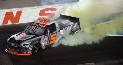 DARLINGTON, SOUTH CAROLINA - MARCH 20: Corey Heim, driver of the #5 Frontline Enterprises Toyota, celebrates with a burnout after winning the NASCAR Craftsman Truck Series Buckle Up South Carolina 200 at Darlington Raceway on March 20, 2026 in Darlington, South Carolina. (Photo by Jonathan Bachman/Getty Images) | Getty Images