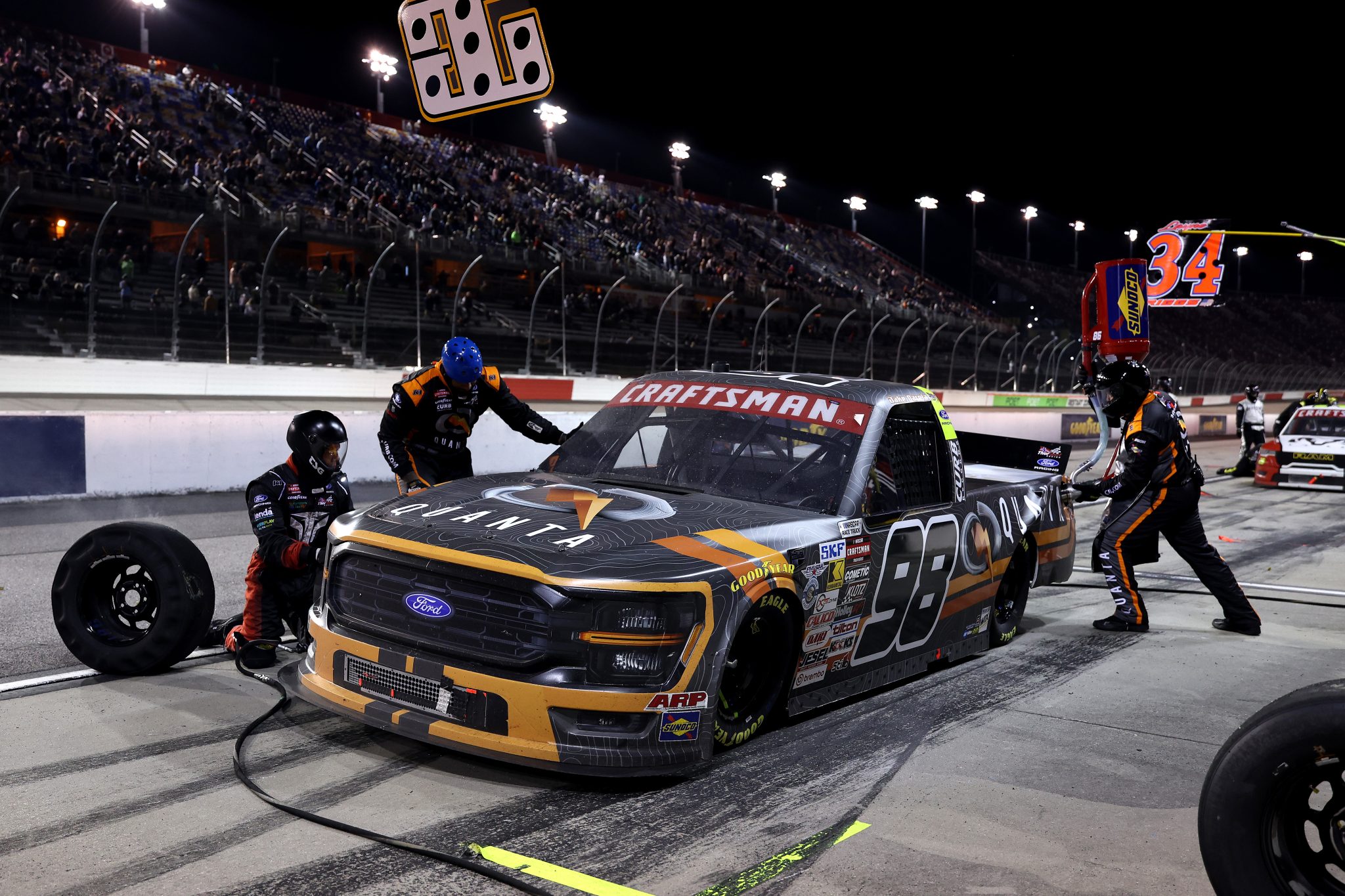 DARLINGTON, SOUTH CAROLINA - MARCH 20: Jake Garcia, driver of the #98 Quanta Services/Curb Records Ford, pits during the NASCAR Craftsman Truck Series Buckle Up South Carolina 200 at Darlington Raceway on March 20, 2026 in Darlington, South Carolina. (Photo by David Jensen/Getty Images) | Getty Images