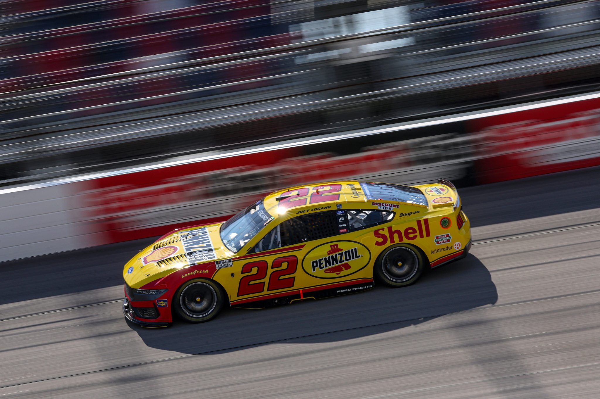 DARLINGTON, SOUTH CAROLINA - MARCH 21: Joey Logano, driver of the #22 Shell Pennzoil Ford, drives during practice for the NASCAR Cup Series Goodyear 400 at Darlington Raceway on March 21, 2026 in Darlington, South Carolina. (Photo by David Jensen/Getty Images) | Getty Images