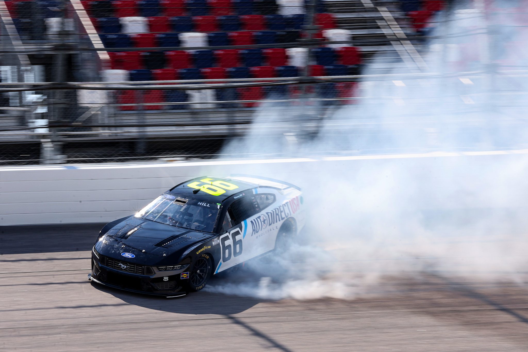 DARLINGTON, SOUTH CAROLINA - MARCH 21: Timmy Hill, driver of the #66 Auto Direct USA Ford, spins after an on-track incident during practice for the NASCAR Cup Series Goodyear 400 at Darlington Raceway on March 21, 2026 in Darlington, South Carolina. (Photo by David Jensen/Getty Images) | Getty Images