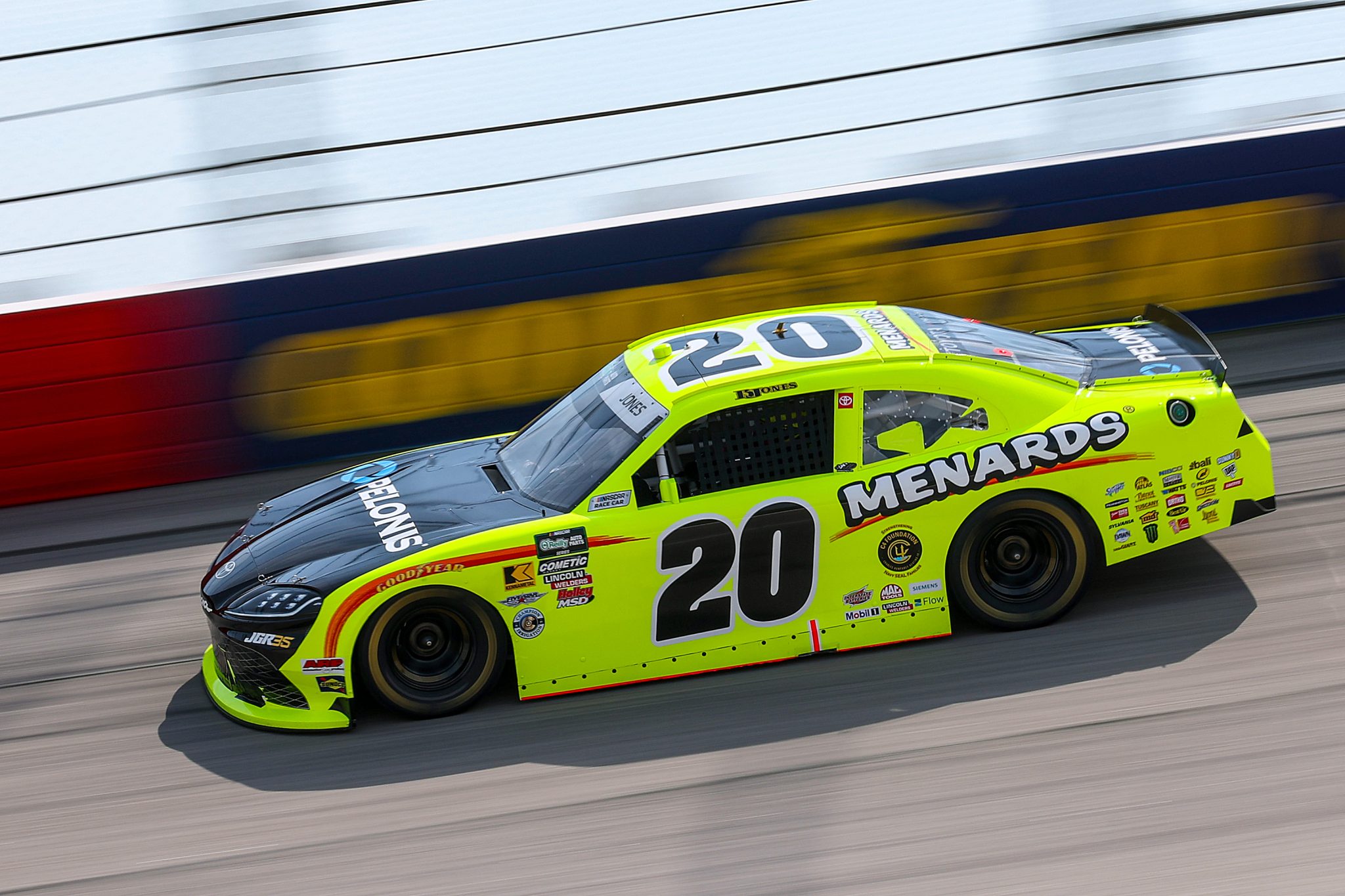 DARLINGTON, SOUTH CAROLINA - MARCH 21: Brandon Jones, driver of the #20 Menards/Pelonis Toyota, drives during qualifying for the NASCAR O'Reilly Auto Parts Series Sport Clips Haircuts VFW Help a Hero 200 at Darlington Raceway on March 21, 2026 in Darlington, South Carolina. (Photo by David Jensen/Getty Images) | Getty Images