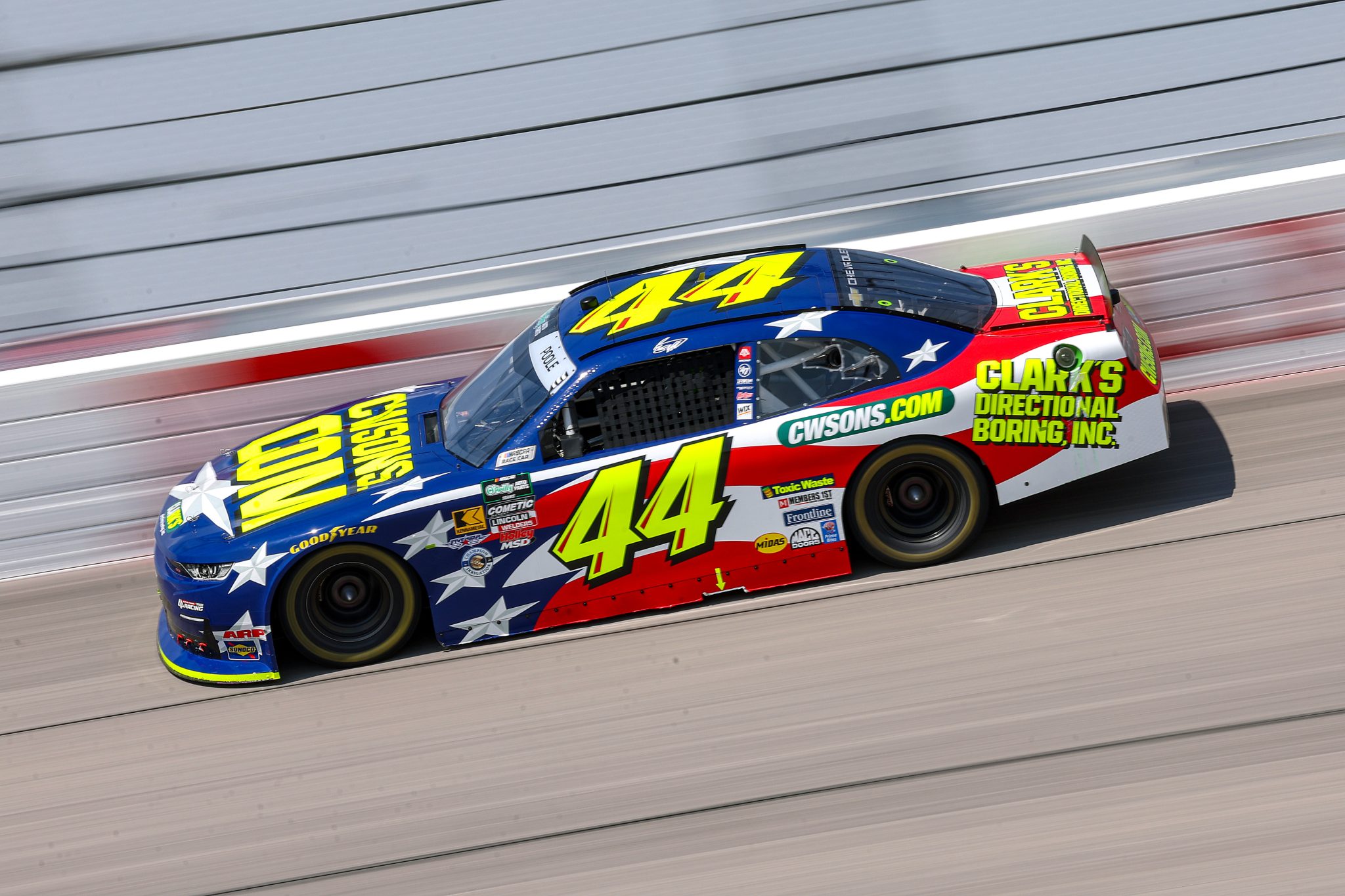 DARLINGTON, SOUTH CAROLINA - MARCH 21: Brennan Poole, driver of the #44 CWSons.com/Clark's Chevrolet, drives during practice for the NASCAR O'Reilly Auto Parts Series Sport Clips Haircuts VFW Help a Hero 200 at Darlington Raceway on March 21, 2026 in Darlington, South Carolina. (Photo by David Jensen/Getty Images) | Getty Images