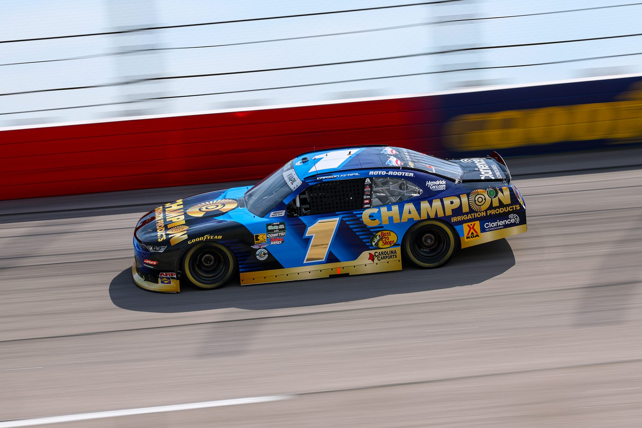 DARLINGTON, SOUTH CAROLINA - MARCH 21: Carson Kvapil, driver of the #1 Champion Irrigation Chevrolet, drives during qualifying for the NASCAR O'Reilly Auto Parts Series Sport Clips Haircuts VFW Help a Hero 200 at Darlington Raceway on March 21, 2026 in Darlington, South Carolina. (Photo by David Jensen/Getty Images) | Getty Images