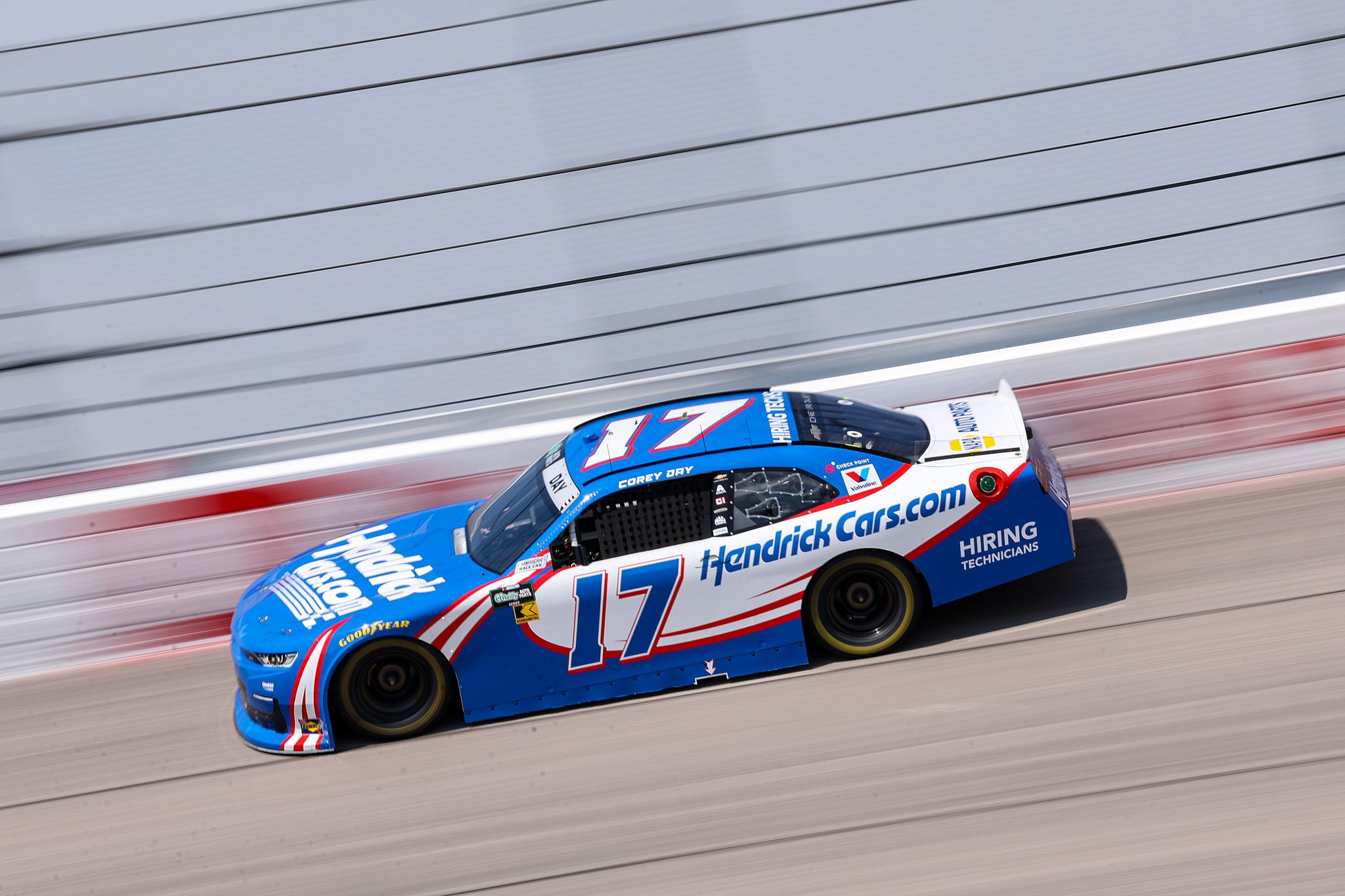 DARLINGTON, SOUTH CAROLINA - MARCH 21: Corey Day, driver of the #17 HendrickCars.com Chevrolet, drives during practice for the NASCAR O'Reilly Auto Parts Series Sport Clips Haircuts VFW Help a Hero 200 at Darlington Raceway on March 21, 2026 in Darlington, South Carolina. (Photo by David Jensen/Getty Images) | Getty Images