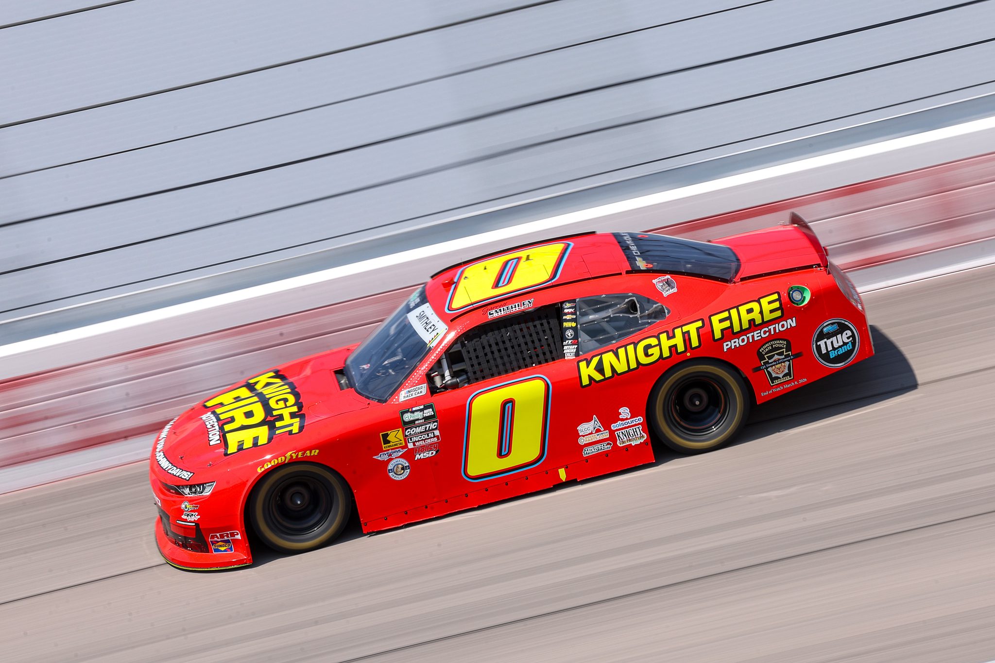 DARLINGTON, SOUTH CAROLINA - MARCH 21: Garrett Smithley, driver of the #0 Knight Fire Protection Chevrolet, drives during practice for the NASCAR O'Reilly Auto Parts Series Sport Clips Haircuts VFW Help a Hero 200 at Darlington Raceway on March 21, 2026 in Darlington, South Carolina. (Photo by David Jensen/Getty Images) | Getty Images