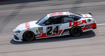 DARLINGTON, SOUTH CAROLINA - MARCH 21: Harrison Burton, driver of the #24 DEX/Sharp Toyota, drives during qualifying for the NASCAR O'Reilly Auto Parts Series Sport Clips Haircuts VFW Help a Hero 200 at Darlington Raceway on March 21, 2026 in Darlington, South Carolina. (Photo by David Jensen/Getty Images) | Getty Images