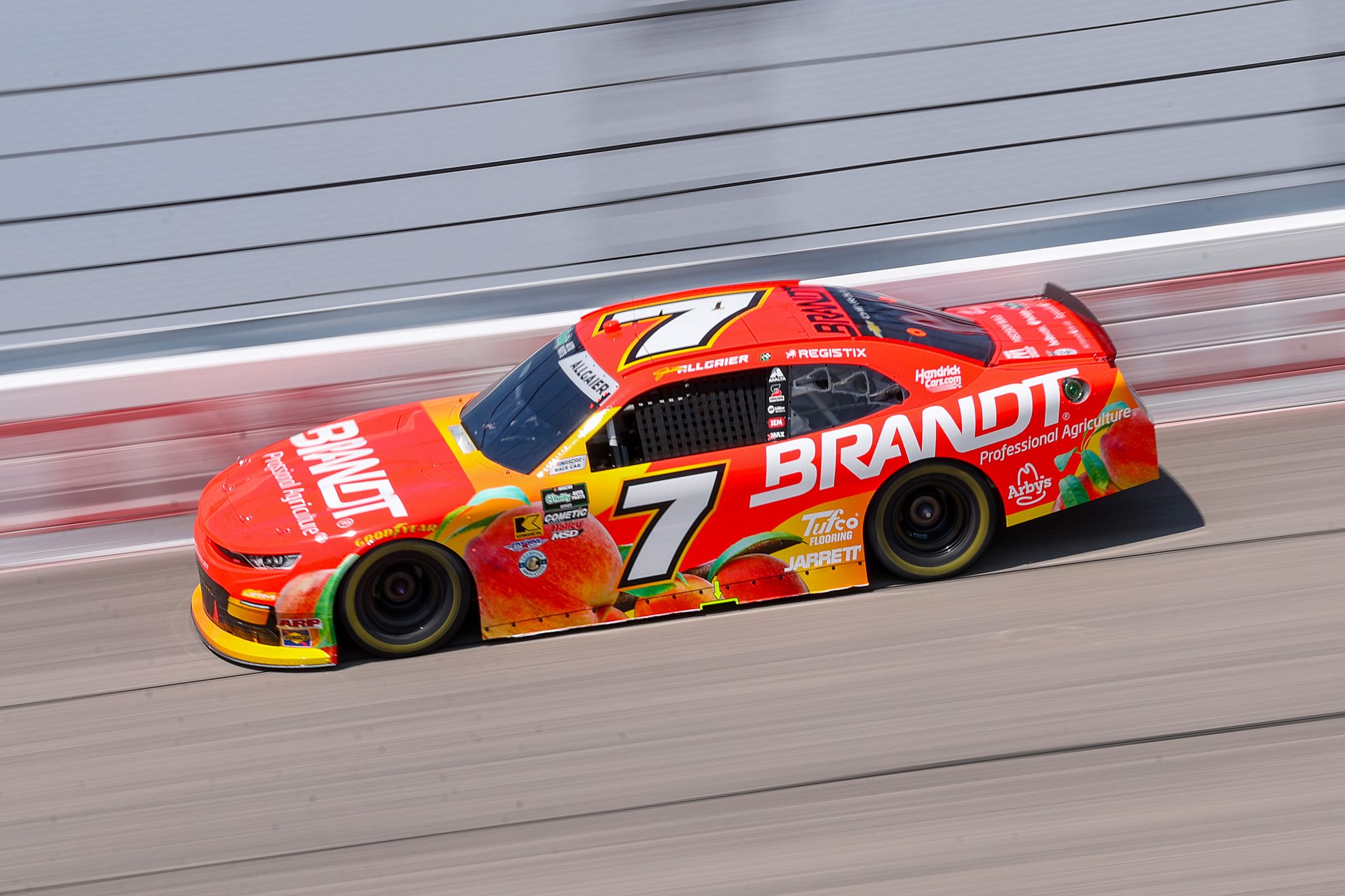DARLINGTON, SOUTH CAROLINA - MARCH 21: Justin Allgaier, driver of the #7 BRANDT Chevrolet, drives during practice for the NASCAR O'Reilly Auto Parts Series Sport Clips Haircuts VFW Help a Hero 200 at Darlington Raceway on March 21, 2026 in Darlington, South Carolina. (Photo by David Jensen/Getty Images) | Getty Images