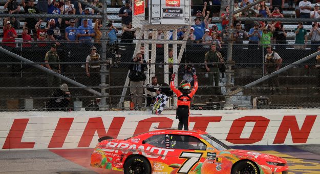 DARLINGTON, SOUTH CAROLINA - MARCH 21: Justin Allgaier, driver of the #7 BRANDT Chevrolet, celebrates in victory lane after winning the NASCAR O'Reilly Auto Parts Series Sport Clips Haircuts VFW Help a Hero 200 at Darlington Raceway on March 21, 2026 in Darlington, South Carolina. (Photo by Jonathan Bachman/Getty Images) | Getty Images