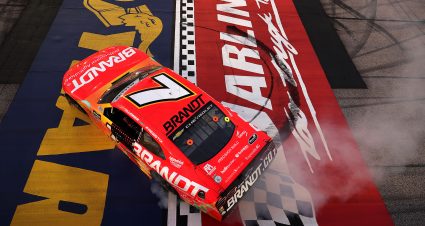DARLINGTON, SOUTH CAROLINA - MARCH 21: Justin Allgaier, driver of the #7 BRANDT Chevrolet, celebrates with a burnout after winning during the NASCAR O'Reilly Auto Parts Series Sport Clips Haircuts VFW Help a Hero 200 at Darlington Raceway on March 21, 2026 in Darlington, South Carolina. (Photo by David Jensen/Getty Images) | Getty Images