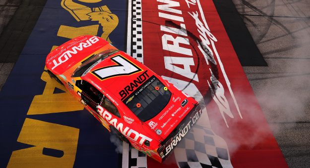DARLINGTON, SOUTH CAROLINA - MARCH 21: Justin Allgaier, driver of the #7 BRANDT Chevrolet, celebrates with a burnout after winning during the NASCAR O'Reilly Auto Parts Series Sport Clips Haircuts VFW Help a Hero 200 at Darlington Raceway on March 21, 2026 in Darlington, South Carolina. (Photo by David Jensen/Getty Images) | Getty Images