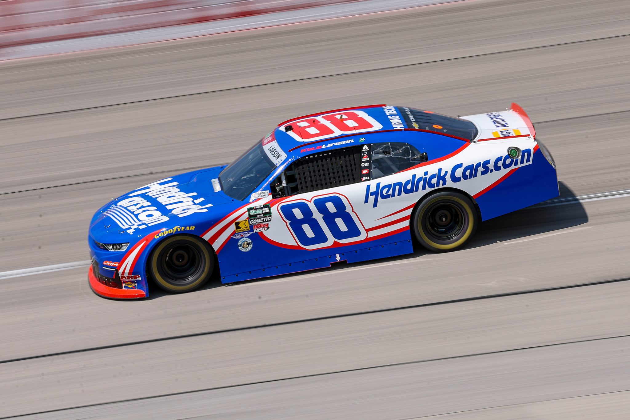 DARLINGTON, SOUTH CAROLINA - MARCH 21: Kyle Larson, driver of the #88 HendrickCars.com Chevrolet, drives during practice for the NASCAR O'Reilly Auto Parts Series Sport Clips Haircuts VFW Help a Hero 200 at Darlington Raceway on March 21, 2026 in Darlington, South Carolina. (Photo by David Jensen/Getty Images) | Getty Images