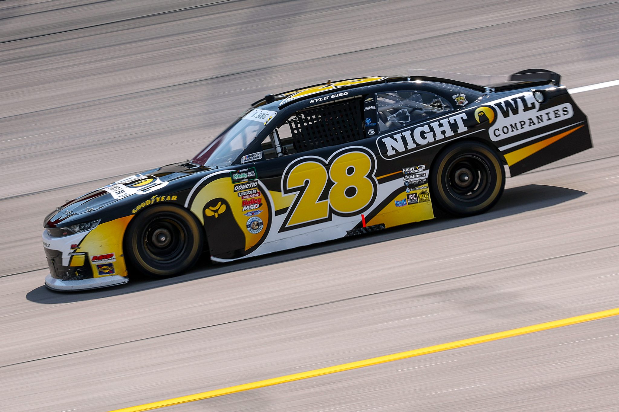 DARLINGTON, SOUTH CAROLINA - MARCH 21: Kyle Sieg, driver of the #28 Night Owl Companies Chevrolet, drives during qualifying for the NASCAR O'Reilly Auto Parts Series Sport Clips Haircuts VFW Help a Hero 200 at Darlington Raceway on March 21, 2026 in Darlington, South Carolina. (Photo by David Jensen/Getty Images) | Getty Images