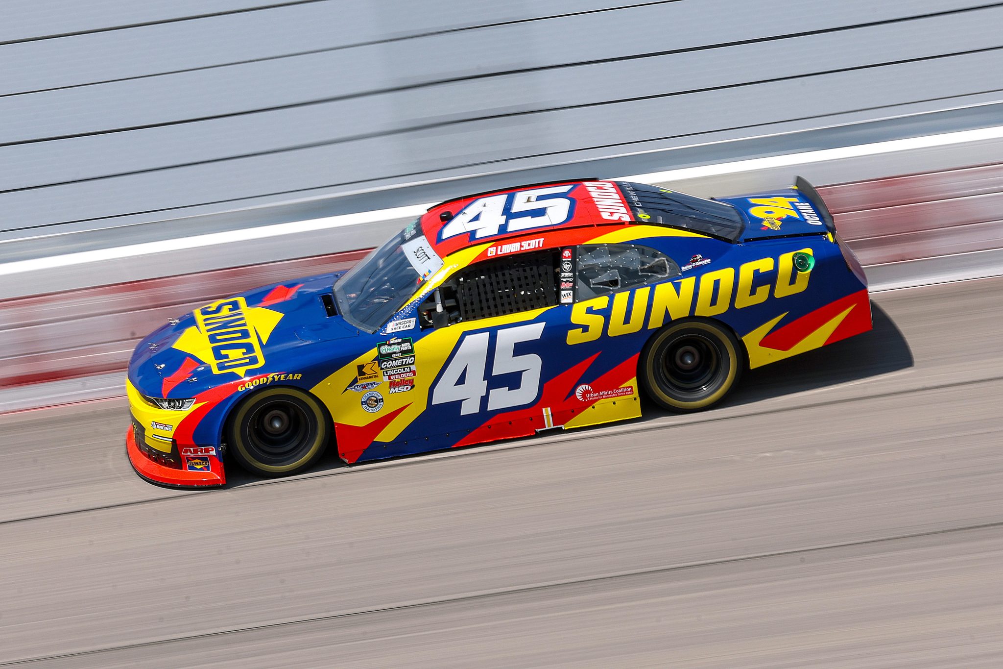 DARLINGTON, SOUTH CAROLINA - MARCH 21: Lavar Scott, driver of the #45 Sunoco Chevrolet, drives during practice for the NASCAR O'Reilly Auto Parts Series Sport Clips Haircuts VFW Help a Hero 200 at Darlington Raceway on March 21, 2026 in Darlington, South Carolina. (Photo by David Jensen/Getty Images) | Getty Images