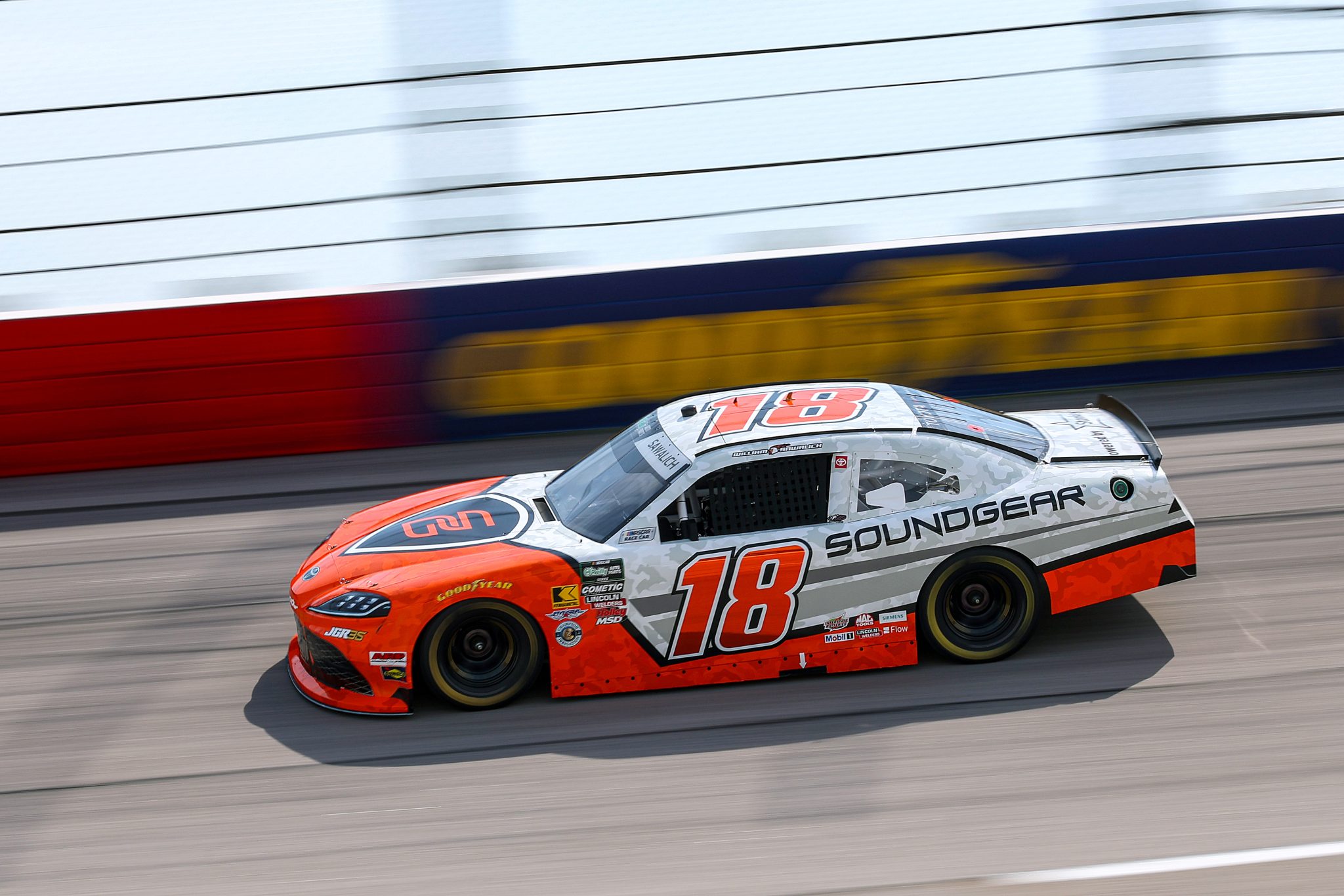 DARLINGTON, SOUTH CAROLINA - MARCH 21: William Sawalich, driver of the #18 Soundgear Toyota, drives during qualifying for the NASCAR O'Reilly Auto Parts Series Sport Clips Haircuts VFW Help a Hero 200 at Darlington Raceway on March 21, 2026 in Darlington, South Carolina. (Photo by David Jensen/Getty Images) | Getty Images
