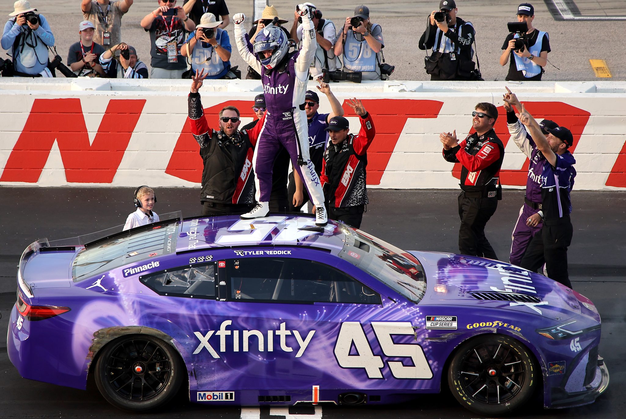 DARLINGTON, SOUTH CAROLINA - MARCH 22: Tyler Reddick, driver of the #45 Xfinity Toyota, celebrates after winning the NASCAR Cup Series Goodyear 400 at Darlington Raceway on March 22, 2026 in Darlington, South Carolina. (Photo by Jonathan Bachman/Getty Images) | Getty Images