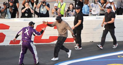 DARLINGTON, SOUTH CAROLINA - MARCH 22: Michael Jordan, NBA Hall of Famer and co-owner of 23XI Racing	celebrates with a crew member of the #45 Xfinity Toyota, after driver, Tyler Reddick wins the NASCAR Cup Series Goodyear 400 at Darlington Raceway on March 22, 2026 in Darlington, South Carolina. (Photo by Jonathan Bachman/Getty Images) | Getty Images