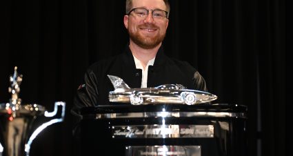 HUNTERSVILLE, NORTH CAROLINA - MARCH 24: NASCAR Cup Series driver, Tyler Reddick poses for photos with the Harley J. Earl trophy during the 2026 Daytona 500 Champion Reception at Airspeed 23XI Racing Headquarters on March 24, 2026 in Huntersville, North Carolina. (Photo by Helen McGinnis/Getty Images) | Getty Images