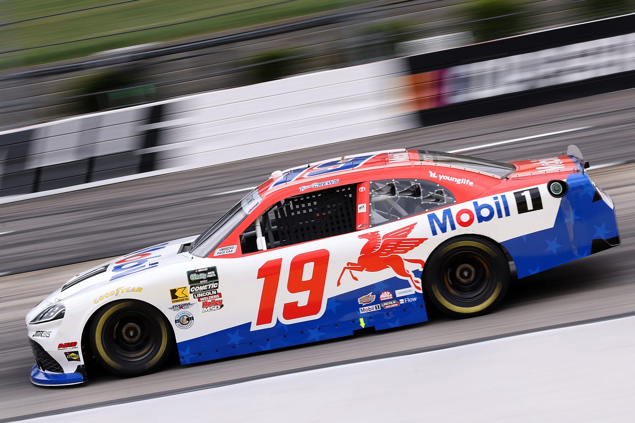 MARTINSVILLE, VIRGINIA - MARCH 27: Brent Crews, driver of the #19 Mobil 1 Toyota, drives during practice for the NASCAR O'Reilly Auto Parts Series NFPA 250 at Martinsville Speedway on March 27, 2026 in Martinsville, Virginia. (Photo by David Jensen/Getty Images) | Getty Images