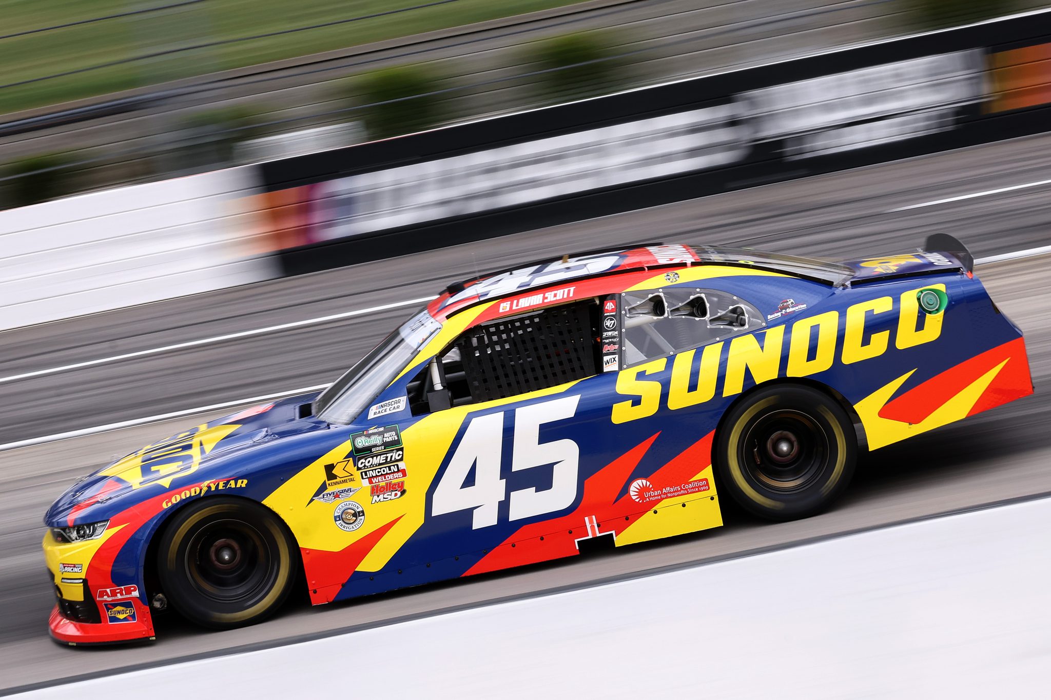 MARTINSVILLE, VIRGINIA - MARCH 27: Lavar Scott, driver of the #45 Sunoco Chevrolet, drives during the NASCAR O'Reilly Auto Parts Series NFPA 250 at Martinsville Speedway on March 27, 2026 in Martinsville, Virginia. (Photo by David Jensen/Getty Images) | Getty Images