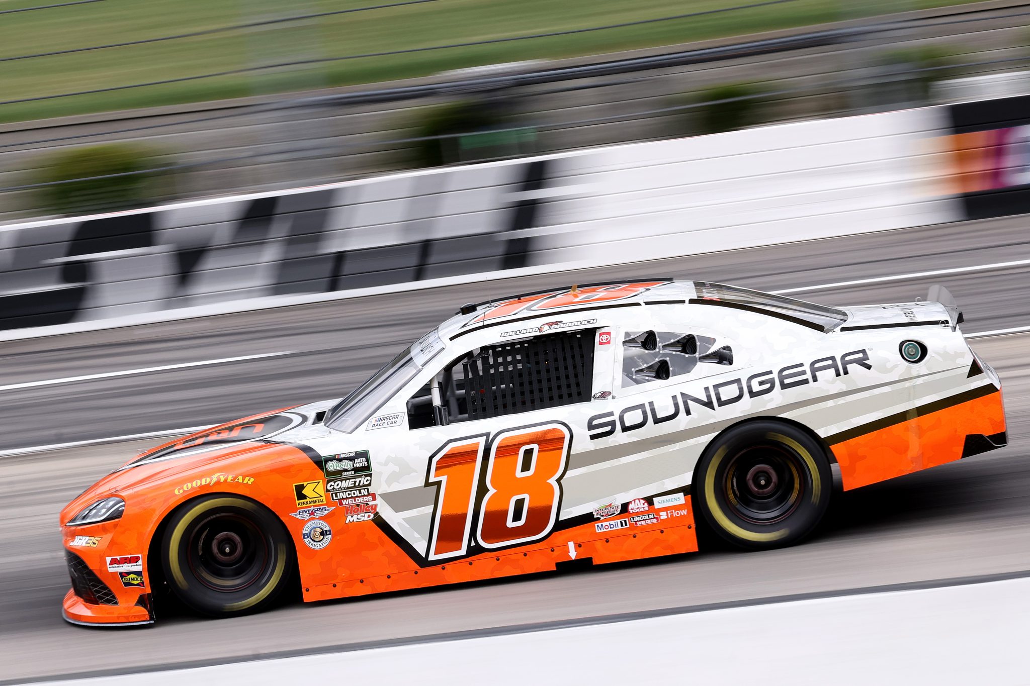 MARTINSVILLE, VIRGINIA - MARCH 27: William Sawalich, driver of the #18 Soundgear Toyota, drives during the NASCAR O'Reilly Auto Parts Series NFPA 250 at Martinsville Speedway on March 27, 2026 in Martinsville, Virginia. (Photo by David Jensen/Getty Images) | Getty Images