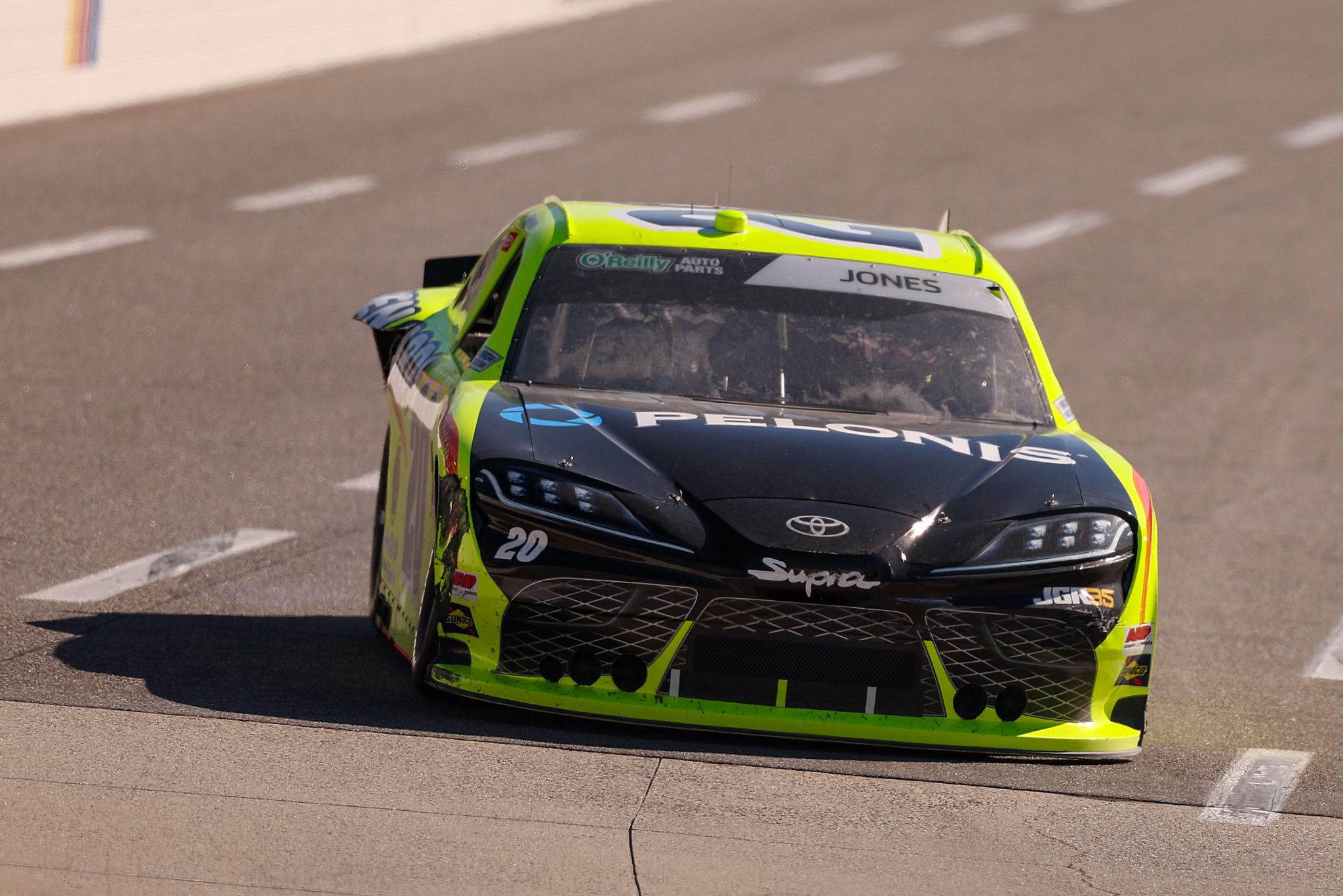 MARTINSVILLE, VIRGINIA - MARCH 28: Brandon Jones, driver of the #20 Menards/Pelonis Toyota, drives during the NASCAR O'Reilly Auto Parts Series NFPA 250 at Martinsville Speedway on March 28, 2026 in Martinsville, Virginia. (Photo by David Jensen/Getty Images) | Getty Images