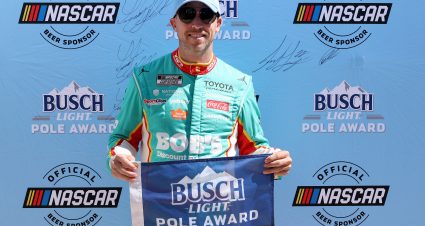 MARTINSVILLE, VIRGINIA - MARCH 28: Denny Hamlin, driver of the #11 Bob's Discount Furniture Toyota, poses for photos after winning the pole award during qualifying for the NASCAR Cup Series Cook Out 400 at Martinsville Speedway on March 28, 2026 in Martinsville, Virginia. (Photo by David Jensen/Getty Images) | Getty Images