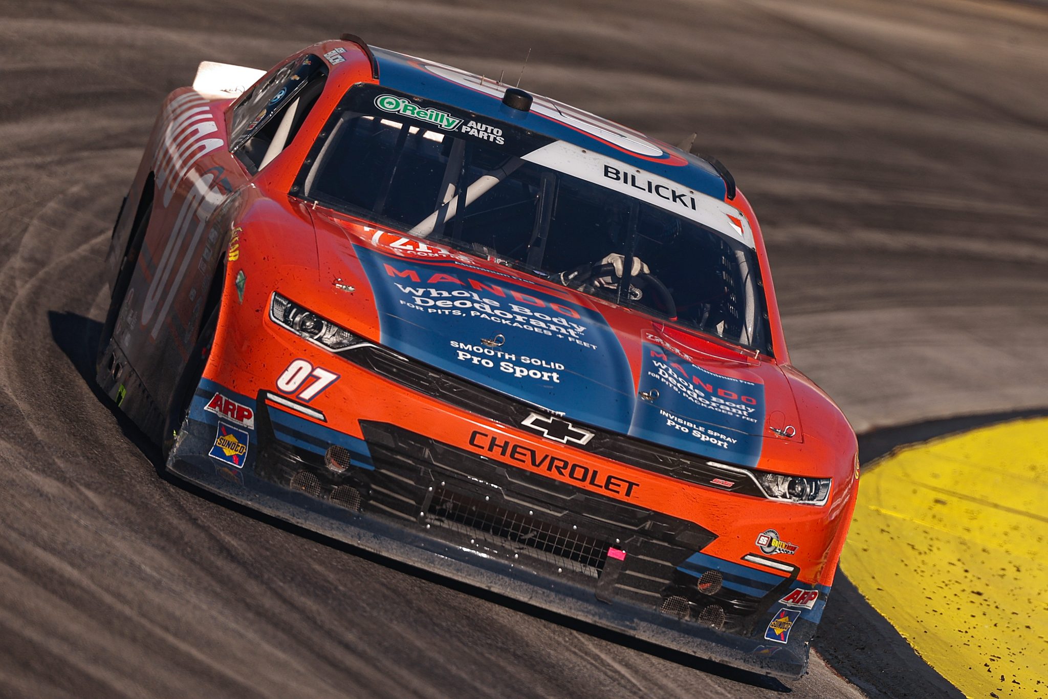 MARTINSVILLE, VIRGINIA - MARCH 28: Josh Bilicki, driver of the #07 Mando Chevrolet, drives during the NASCAR O'Reilly Auto Parts Series NFPA 250 at Martinsville Speedway on March 28, 2026 in Martinsville, Virginia. (Photo by David Jensen/Getty Images) | Getty Images