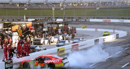 MARTINSVILLE, VIRGINIA - MARCH 28: Justin Allgaier, driver of the #7 BRANDT Chevrolet, celebrates with a burnout after winning the NASCAR O'Reilly Auto Parts Series NFPA 250 at Martinsville Speedway on March 28, 2026 in Martinsville, Virginia. (Photo by Jacob Kupferman/Getty Images) | Getty Images