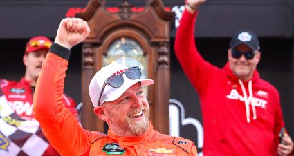 MARTINSVILLE, VIRGINIA - MARCH 28: Justin Allgaier, driver of the #7 BRANDT Chevrolet, celebrates in victory lane after winning the NASCAR O'Reilly Auto Parts Series NFPA 250 at Martinsville Speedway on March 28, 2026 in Martinsville, Virginia. (Photo by David Jensen/Getty Images) | Getty Images