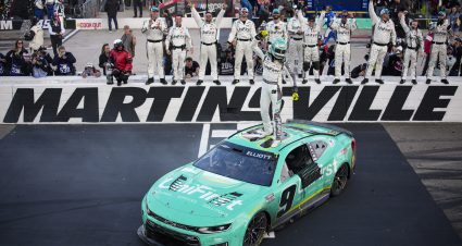 MARTINSVILLE, VIRGINIA - MARCH 29: Chase Elliott, driver of the #9 UniFirst Chevrolet, and crew celebrate after winning the NASCAR Cup Series Cook Out 400 at Martinsville Speedway on March 29, 2026 in Martinsville, Virginia. (Photo by Jacob Kupferman/Getty Images) | Getty Images