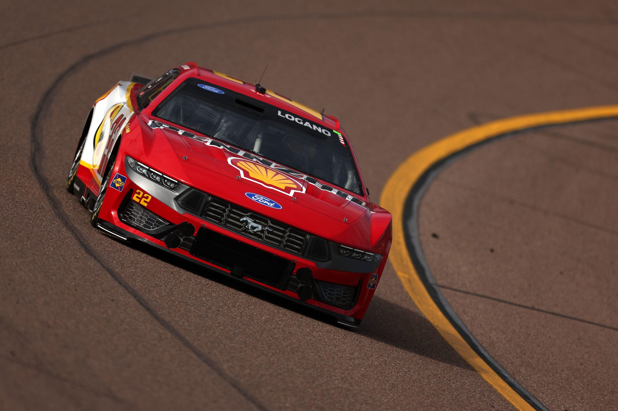 AVONDALE, ARIZONA - MARCH 07: Joey Logano, driver of the #22 Shell Pennzoil Ford, drives during practice for the NASCAR Cup Series Straight Talk Wireless 500 at Phoenix Raceway on March 07, 2026 in Avondale, Arizona. (Photo by Meg Oliphant/Getty Images) | Getty Images