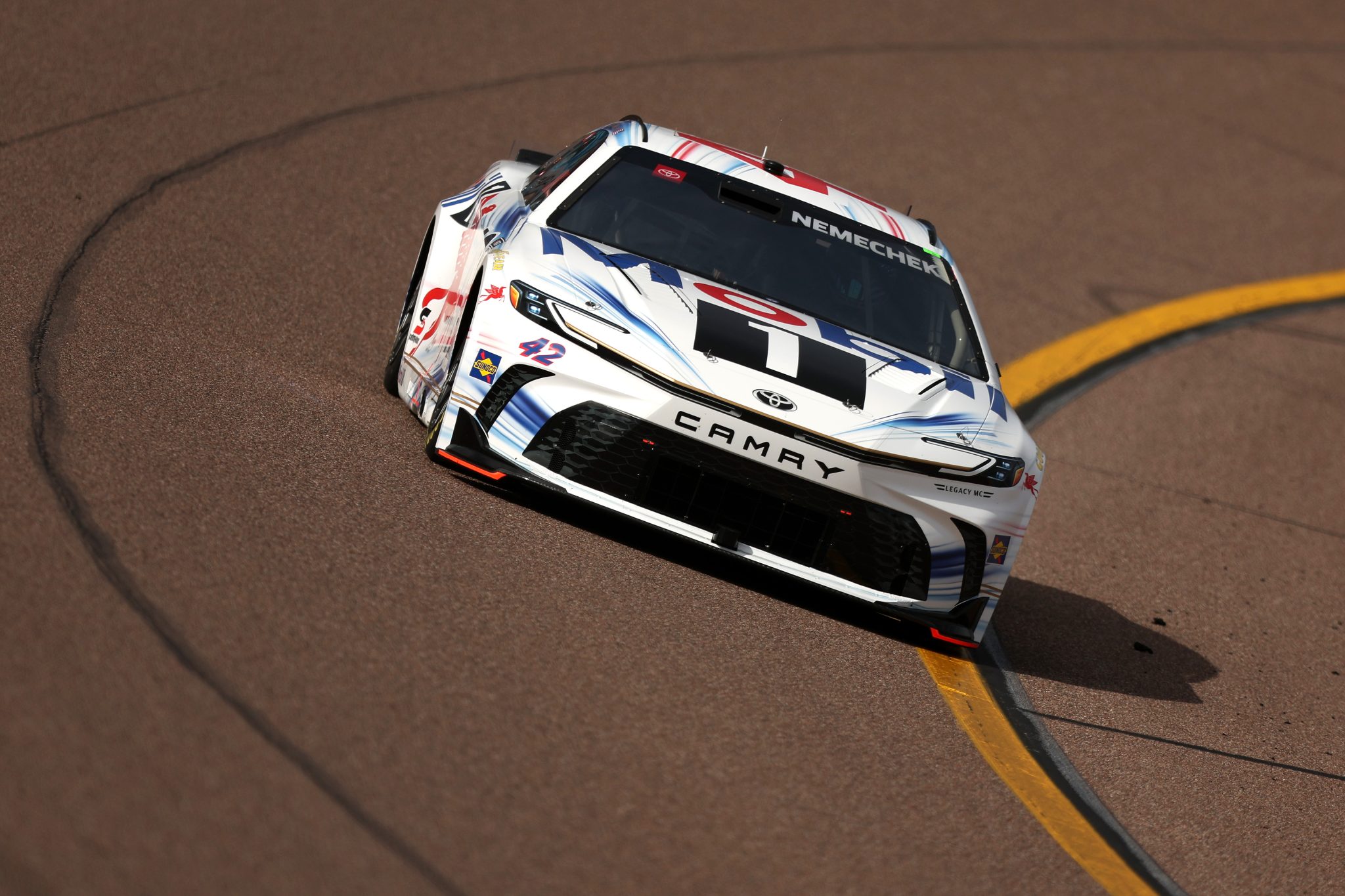 AVONDALE, ARIZONA - MARCH 07: John H. Nemechek, driver of the #42 Mobil 1 Toyota, drives during practice for the NASCAR Cup Series Straight Talk Wireless 500 at Phoenix Raceway on March 07, 2026 in Avondale, Arizona. (Photo by Meg Oliphant/Getty Images) | Getty Images