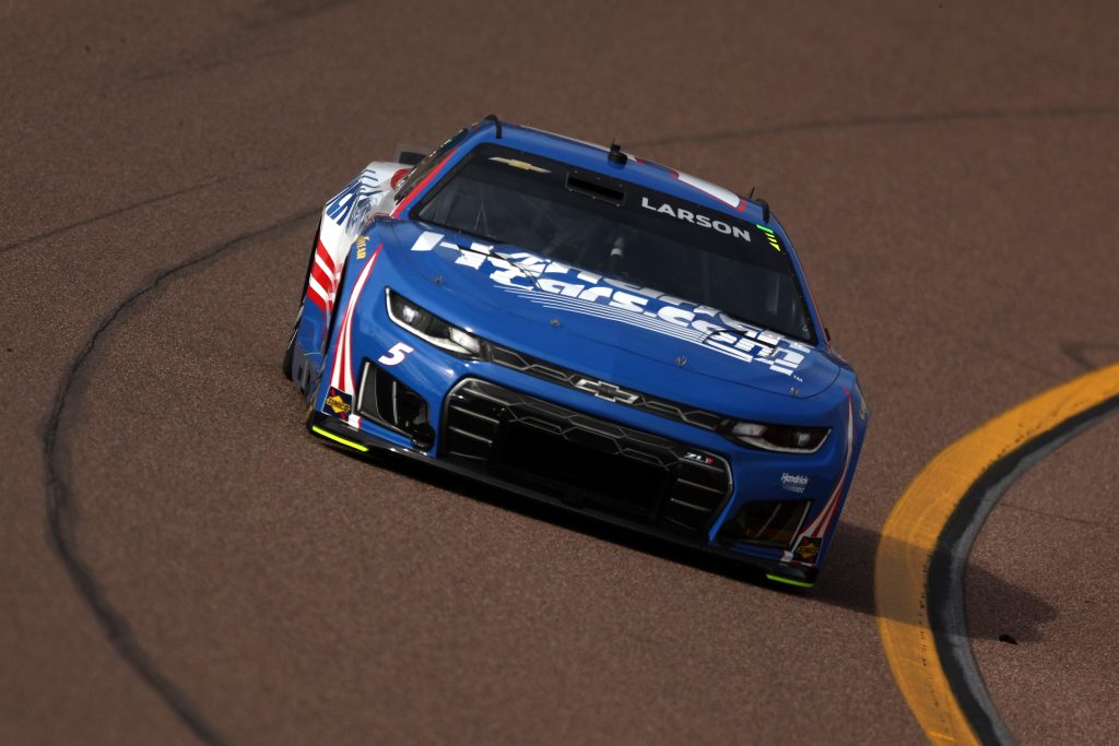AVONDALE, ARIZONA - MARCH 07: Kyle Larson, driver of the #5 HendrickCars.com Chevrolet, drives during practice for the NASCAR Cup Series Straight Talk Wireless 500 at Phoenix Raceway on March 07, 2026 in Avondale, Arizona. (Photo by Meg Oliphant/Getty Images) | Getty Images