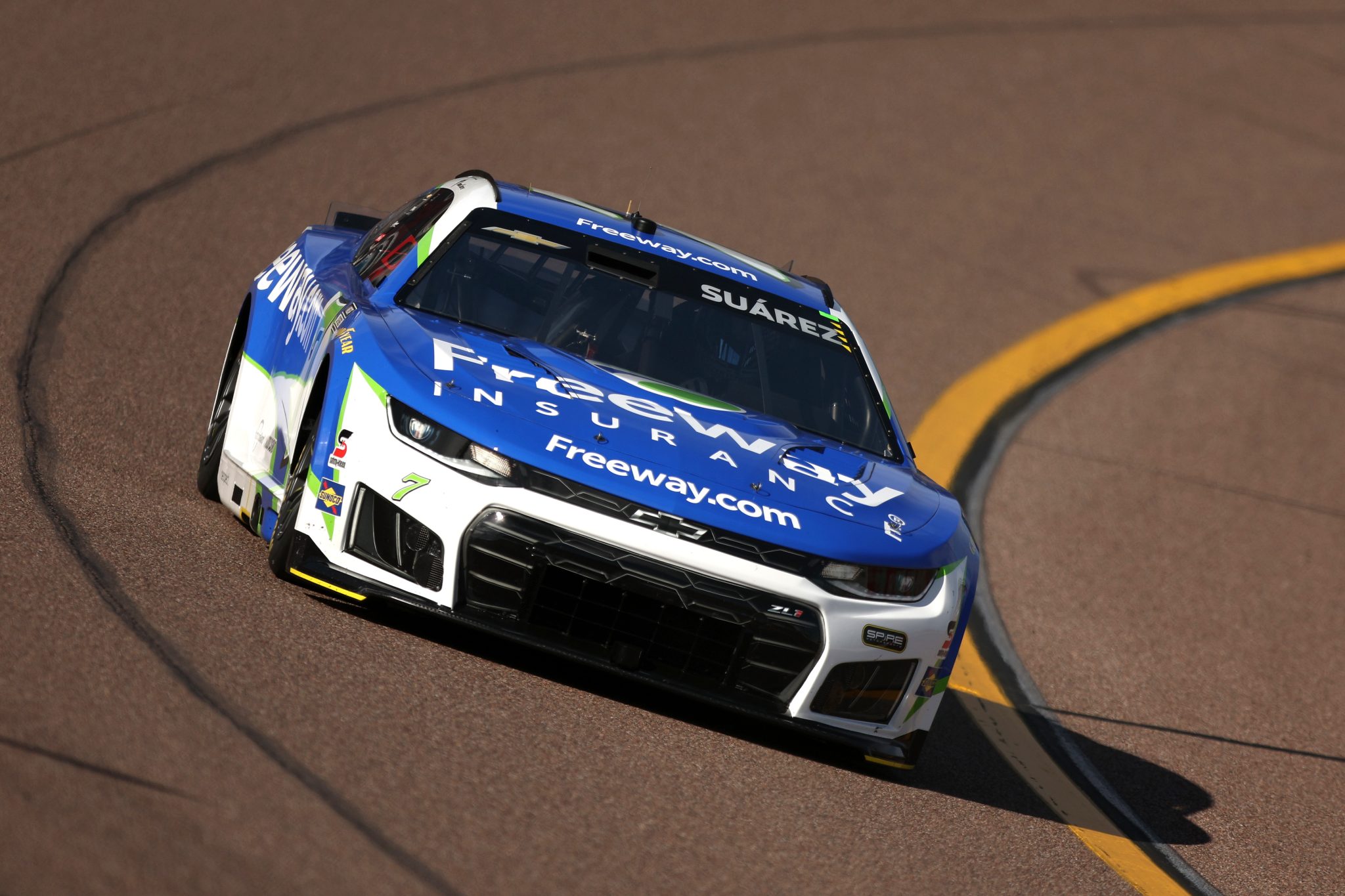 AVONDALE, ARIZONA - MARCH 07: Daniel Suarez, driver of the #7 Freeway Insurance Chevrolet, drives during practice for the NASCAR Cup Series Straight Talk Wireless 500 at Phoenix Raceway on March 07, 2026 in Avondale, Arizona. (Photo by Meg Oliphant/Getty Images) | Getty Images