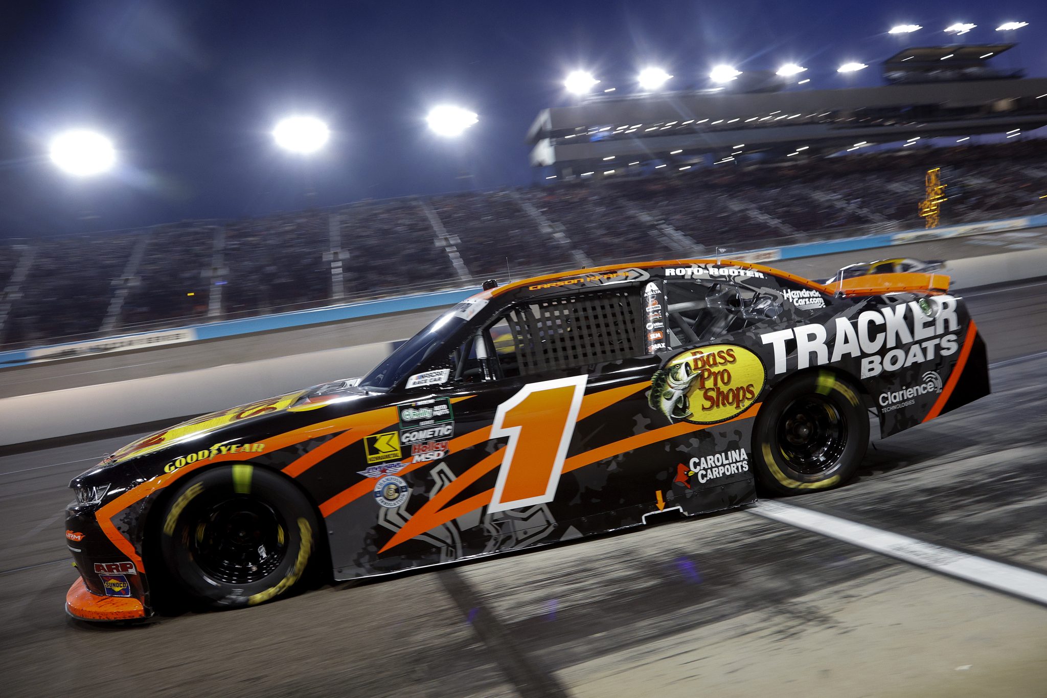 AVONDALE, ARIZONA - MARCH 07: Carson Kvapil, driver of the #1 Bass Pro Shops Chevrolet, exits pit road during the NASCAR O'Reilly Auto Parts Series GOVX 200 at Phoenix Raceway on March 07, 2026 in Avondale, Arizona. (Photo by Sean Gardner/Getty Images) | Getty Images