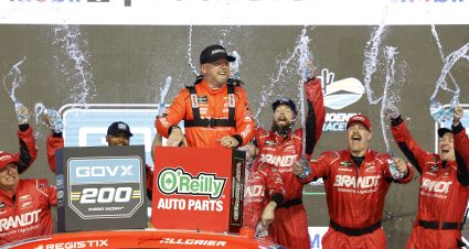 AVONDALE, ARIZONA - MARCH 07: Justin Allgaier, driver of the #7 BRANDT Chevrolet, and crew celebrate in victory lane after winning the NASCAR O'Reilly Auto Parts Series GOVX 200 at Phoenix Raceway on March 07, 2026 in Avondale, Arizona. (Photo by Sean Gardner/Getty Images) | Getty Images