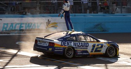 AVONDALE, ARIZONA - MARCH 08: Ryan Blaney, driver of the #12 Dent Wizard Ford, celebrates after winning the NASCAR Cup Series Straight Talk Wireless 500 at Phoenix Raceway on March 08, 2026 in Avondale, Arizona. (Photo by Meg Oliphant/Getty Images) | Getty Images