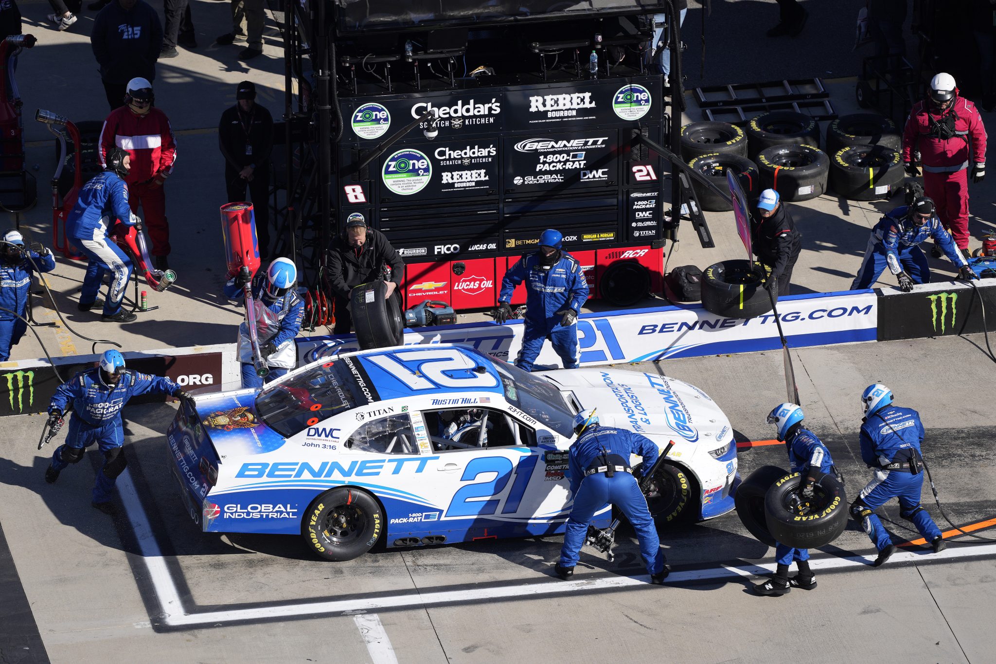 MARTINSVILLE, VIRGINIA - MARCH 28: Austin Hill, driver of the #21 Bennett Transportation Chevrolet, pits during the NASCAR O'Reilly Auto Parts Series NFPA 250 at Martinsville Speedway on March 28, 2026 in Martinsville, Virginia. (Photo by Jacob Kupferman/Getty Images) | Getty Images