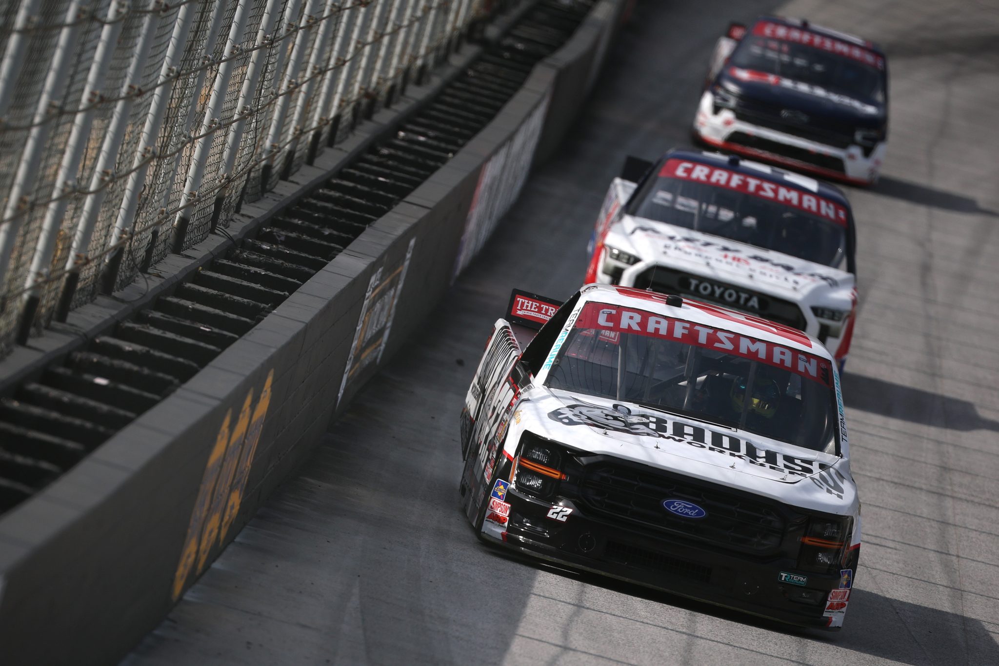 BRISTOL, TENNESSEE - APRIL 10: Clayton Green, driver of the #22 Badass Workbench Ford, drives during practice for the the NASCAR Craftsman Truck Series Tennessee Army National Guard 250 at Bristol Motor Speedway on April 10, 2026 in Bristol, Tennessee. (Photo by Chris Graythen/Getty Images) | Getty Images