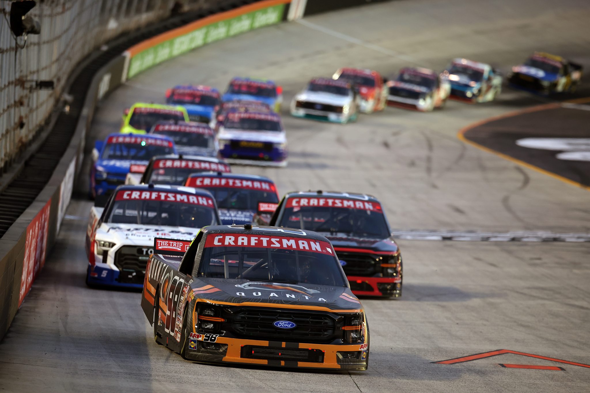 BRISTOL, TENNESSEE - APRIL 10: Jake Garcia, driver of the #98 Quanta Services/Curb Records Ford, drives during the NASCAR Craftsman Truck Series Tennessee Army National Guard 250 at Bristol Motor Speedway on April 10, 2026 in Bristol, Tennessee. (Photo by Jonathan Bachman/Getty Images) | Getty Images