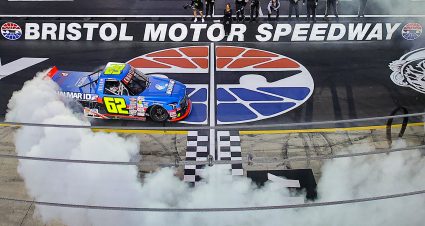 BRISTOL, TENNESSEE - APRIL 10: Christopher Bell, driver of the #62 Halmar Infrastructure Development Toyota, celebrates with a burnout after winning the NASCAR Craftsman Truck Series Tennessee Army National Guard 250 at Bristol Motor Speedway on April 10, 2026 in Bristol, Tennessee. (Photo by Jonathan Bachman/Getty Images) | Getty Images