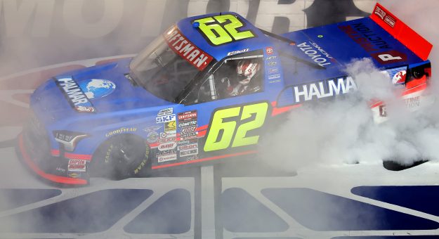 BRISTOL, TENNESSEE - APRIL 10: Christopher Bell, driver of the #62 Halmar Infrastructure Development Toyota, celebrates with a burnout after winning the NASCAR Craftsman Truck Series Tennessee Army National Guard 250 at Bristol Motor Speedway on April 10, 2026 in Bristol, Tennessee. (Photo by Jonathan Bachman/Getty Images) | Getty Images