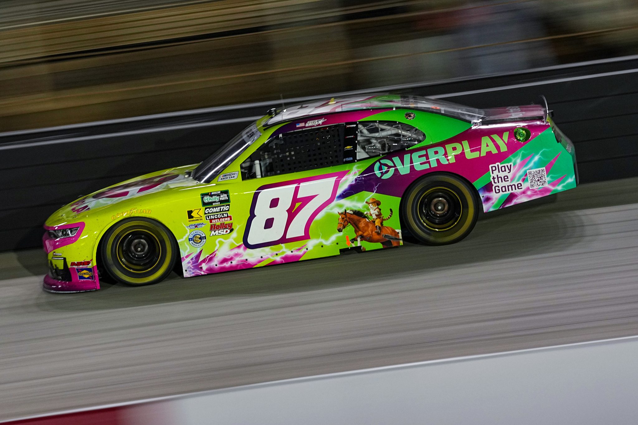 BRISTOL, TENNESSEE - APRIL 11: Austin Green, driver of the #87 Overplay Chevrolet, drives during the NASCAR O'Reilly Auto Parts Series Suburban Propane 300 at Bristol Motor Speedway on April 11, 2026 in Bristol, Tennessee. (Photo by Matt Kelley/Getty Images) | Getty Images