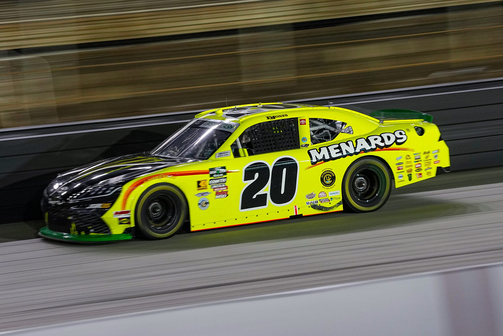 BRISTOL, TENNESSEE - APRIL 11: Brandon Jones, driver of the #20 Menards/Monster Energy Toyota, drives during the NASCAR O'Reilly Auto Parts Series Suburban Propane 300 at Bristol Motor Speedway on April 11, 2026 in Bristol, Tennessee. (Photo by Matt Kelley/Getty Images) | Getty Images