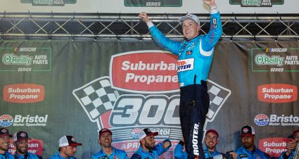 BRISTOL, TENNESSEE - APRIL 11: Connor Zilisch, driver of the #1 Roto-Rooter Chevrolet, celebrates in victory lane after winning the NASCAR O'Reilly Auto Parts Series Suburban Propane 300 at Bristol Motor Speedway on April 11, 2026 in Bristol, Tennessee. (Photo by Matt Kelley/Getty Images) | Getty Images