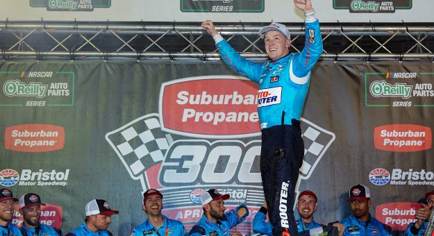 BRISTOL, TENNESSEE - APRIL 11: Connor Zilisch, driver of the #1 Roto-Rooter Chevrolet, celebrates in victory lane after winning the NASCAR O'Reilly Auto Parts Series Suburban Propane 300 at Bristol Motor Speedway on April 11, 2026 in Bristol, Tennessee. (Photo by Matt Kelley/Getty Images) | Getty Images
