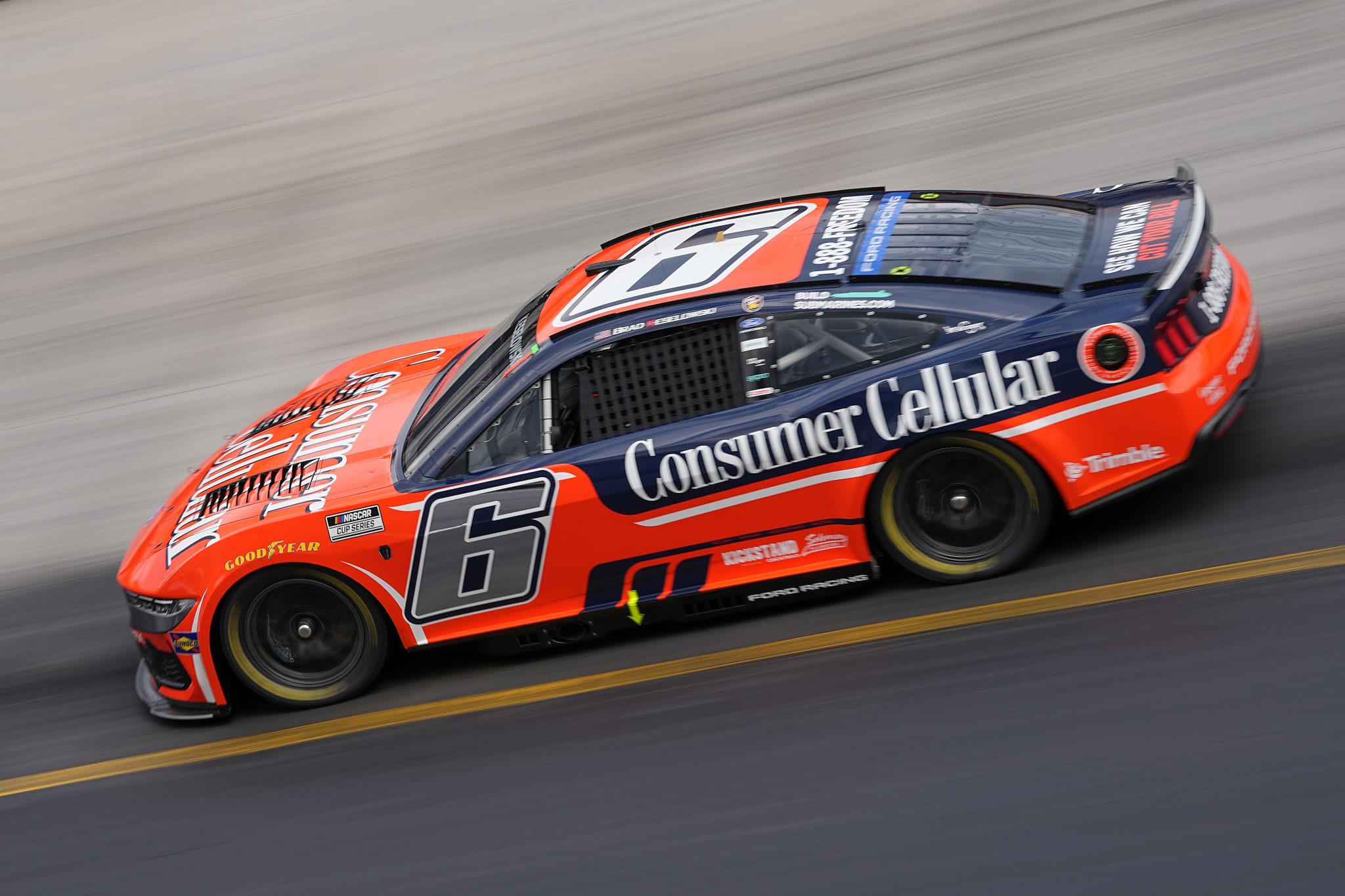 BRISTOL, TENNESSEE - APRIL 11: Brad Keselowski, driver of the #6 Consumer Cellular Ford, drives during practice for the NASCAR Cup Series Food City 500 at Bristol Motor Speedway on April 11, 2026 in Bristol, Tennessee. (Photo by Matt Kelley/Getty Images) | Getty Images