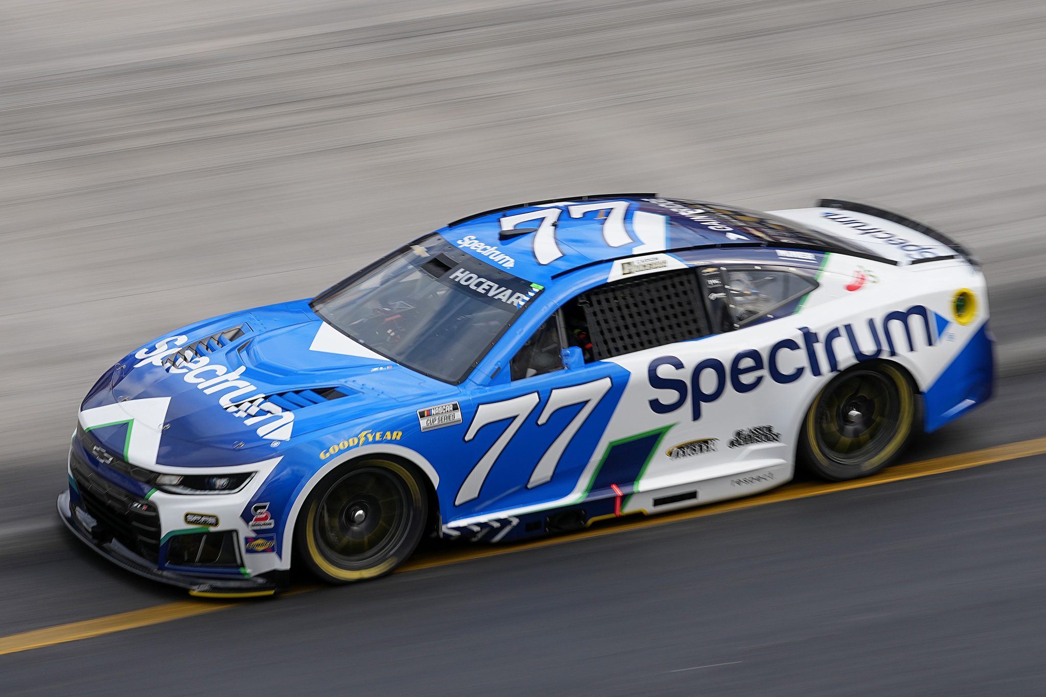 BRISTOL, TENNESSEE - APRIL 11: Carson Hocevar, driver of the #77 Spectrum Chevrolet, drives during practice for the NASCAR Cup Series Food City 500 at Bristol Motor Speedway on April 11, 2026 in Bristol, Tennessee. (Photo by Matt Kelley/Getty Images) | Getty Images