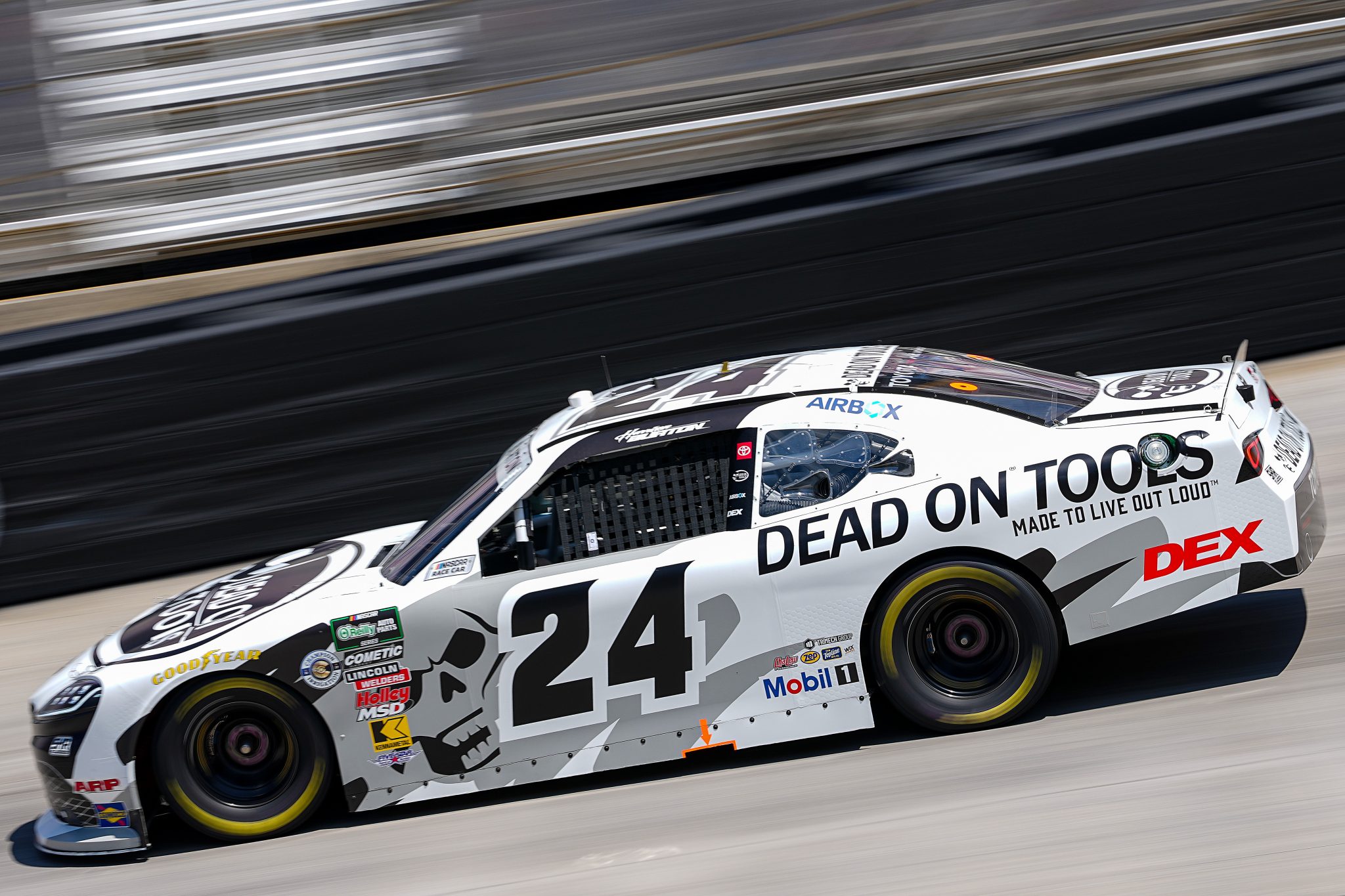 BRISTOL, TENNESSEE - APRIL 11: Harrison Burton, driver of the #24 Dead On Tools Toyota, drives during qualifying for the NASCAR O'Reilly Auto Parts Series Suburban Propane 300 at Bristol Motor Speedway on April 11, 2026 in Bristol, Tennessee. (Photo by Matt Kelley/Getty Images) | Getty Images